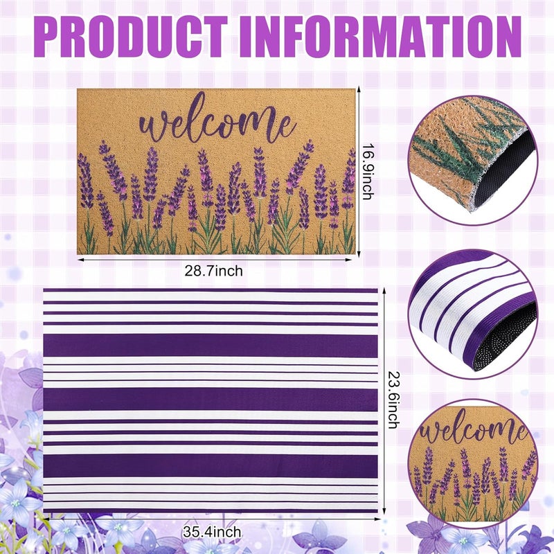 Tinideya 2 Pcs Lavender Door Mat Purple and White Stripe Welcome Non Slip Coir Mats Flower Floor Layering Doormats Seasonal for Front Porch Entryway Decor(Lavender) - Image 2